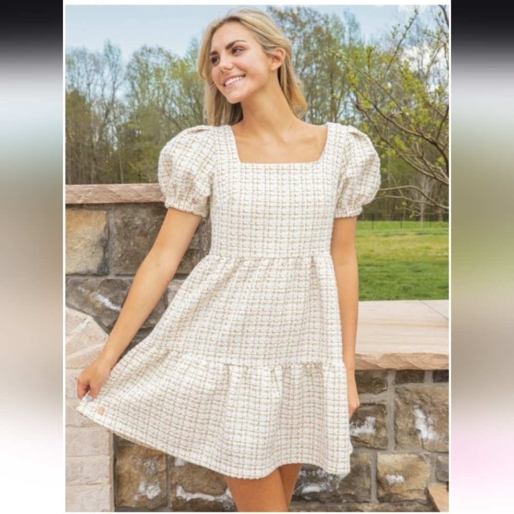 Simply Southern Cream/Gold Tweed Puff Sleeve Mini Dress NWT Size S